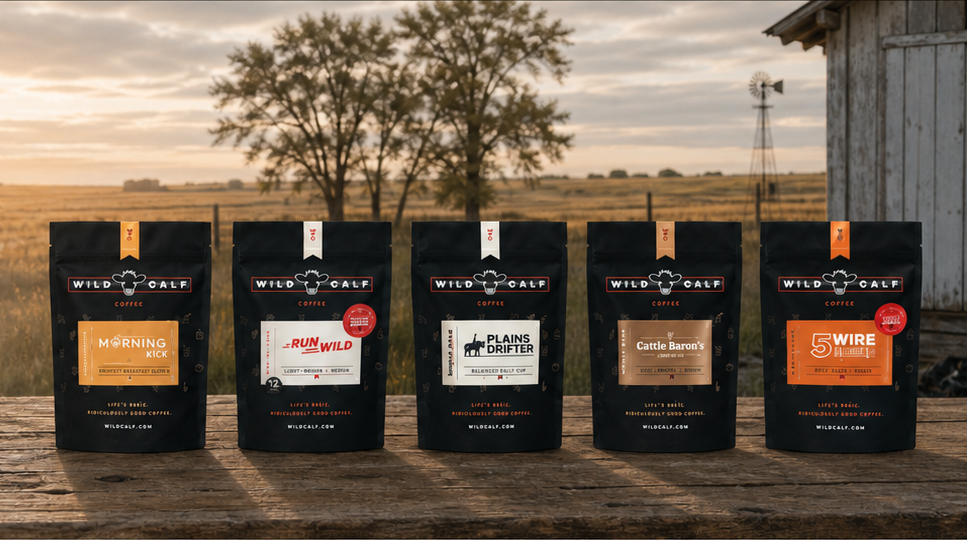 Five Wild Calf coffee bags arranged from lightest to darkest on a table overlooking open Montana prairie