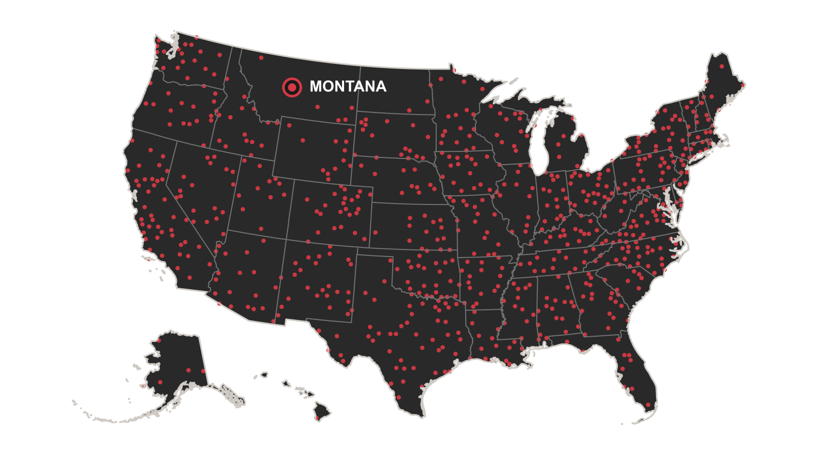 Map of the United States with state boundaries and 724 illustrative Wild Calf Coffee city markers